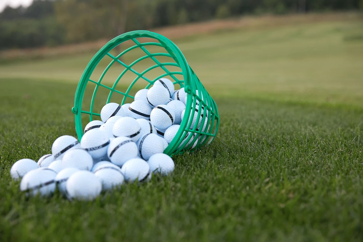 Range bucket of golf balls tipped over onto course